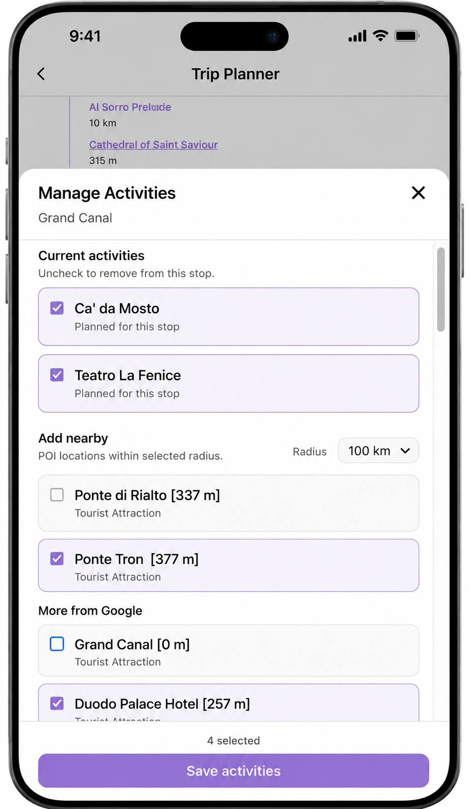 Manage activities near a trip stop within a chosen kilometre radius